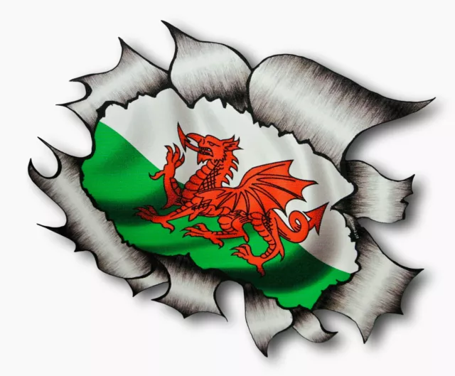 Ripped Torn Metal Look Design & CYMRU Welsh Dragon Wales Flag vinyl car sticker