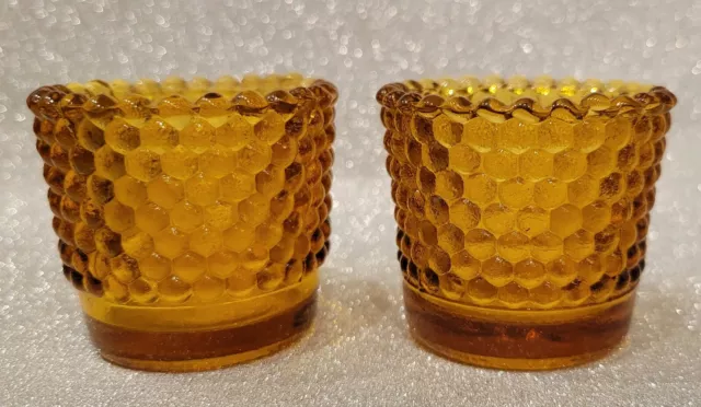 Vintage Amber Glass Hobnail Tea Light Votive Cup Candle Toothpick Holder 2." SET