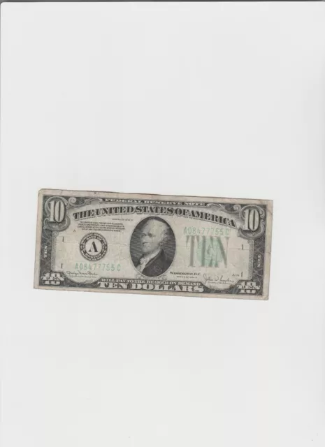 1934-D $10 TEN DOLLARS FRN FEDERAL RESERVE NOTE Boston, Massachunetth