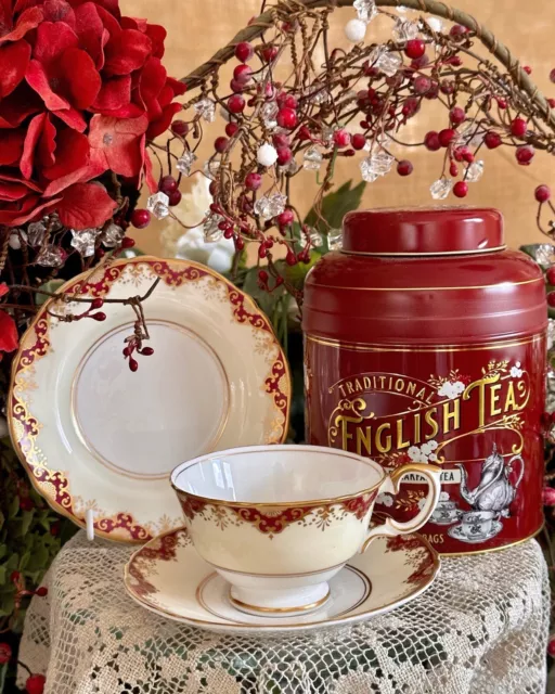 Crown Staffordshire Teacup; Saucer & Plate Trio Burgundy; Gold; Cream