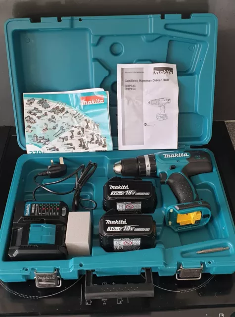 New and Unused Makita DHP453 18V  Combi Drill +2 Batteries + Case
