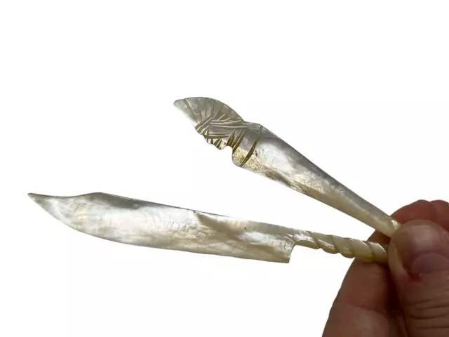Vintage Carved Mother of Pearl Bookmarks Set of Two Artisan Mid Century Estate