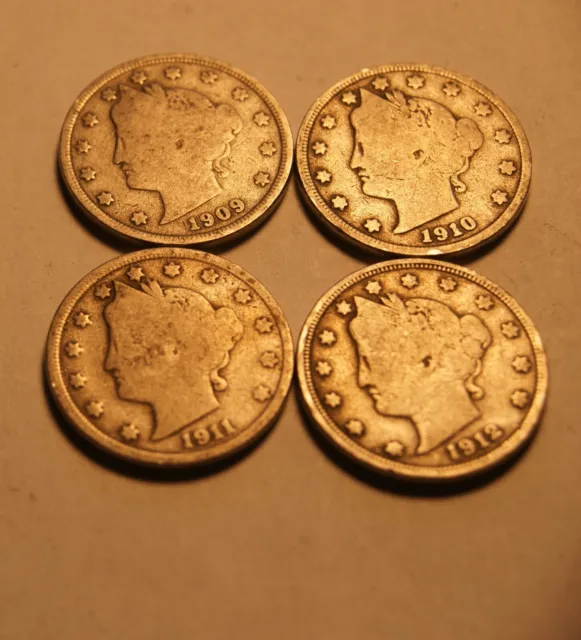 1909, 10, 11, 12 Liberty V Nickels  Coins