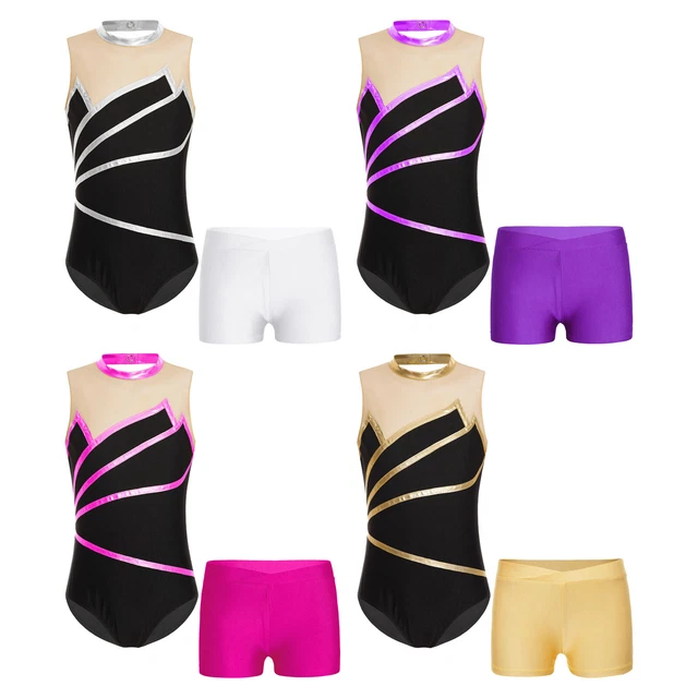 Kids Girls Bodysuit Practice Gymnastics Competition Leotard And Shorts Bottoms