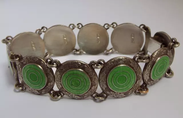 Schönes Antikes Art Deco Armband Massiv Sterlingsilber & Guilloch Emaille