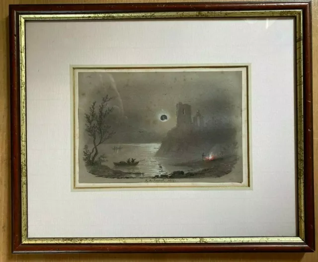François Alexandre Pernot Dessin Lavis encre Paysage lacustre lunaire feu ruine