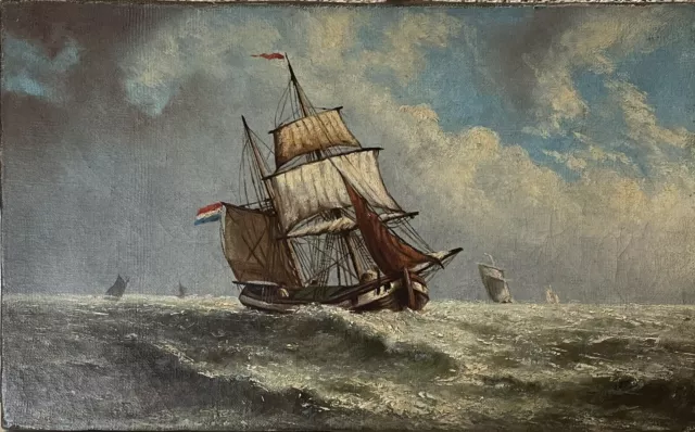 Tableau Peinture 19è XIXè Marine animée Pêcheurs Pavillon hollandais rare ancien