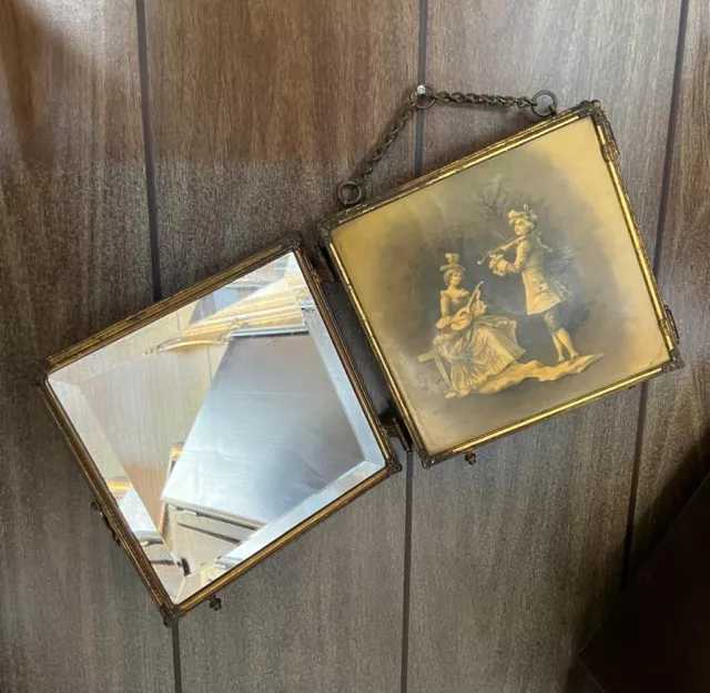 Antique France Boudoir Gilt Metal & Beveled Glass Tri-Fold Carry Mirror