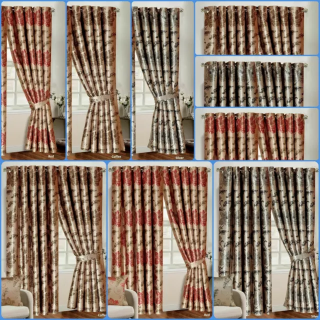 Luxury Fully Lined Ring Top Jacquard Ready-Made Rosa Heavy Curtains & Tie Backs*