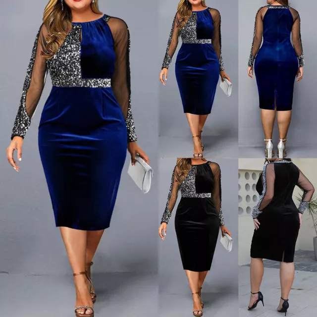 Plus Size Womens Velvet Sequin Mesh Bodycon Dress Evening Cocktail Midi Dresses