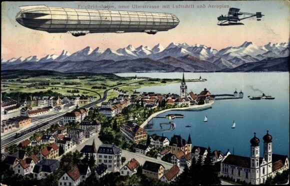 Ak Friedrichshafen am Bodensee, Neue Uferstraße, Luftschiff, Aeroplan - 3058158