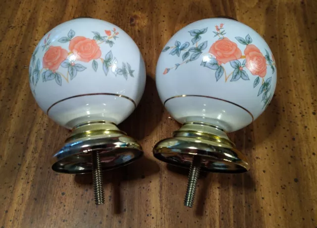 Set of 2 Floral 3" Round Ball Porcelain Ceramic Bed Post Toppers Finials