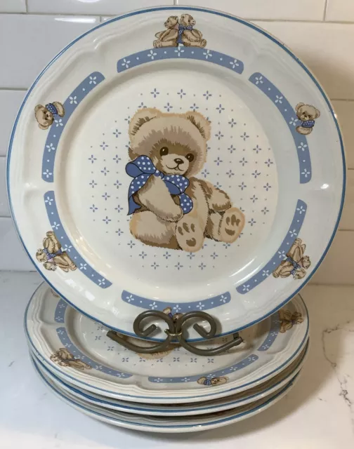 Vintage 4 Tienshan Theodore Country Teddy Bear Dinner Plates 10 1/2" Stoneware