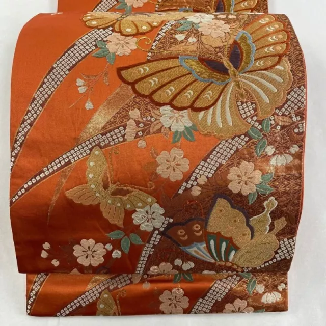 Woman Japanese Kimono Fukuro-obi Silk Butterfly CherryBlossom Gold Foil Orange