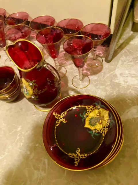 ANTIQUE MOSER GOLD GILT CRANBERRY GLASS Set Of 8 Beautiful