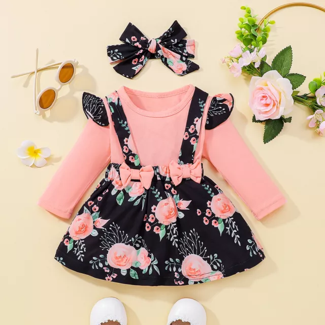 Newborn Baby Girls Floral Ruffle Ribbed Jumpsuit Romper Headband Outfits Dress