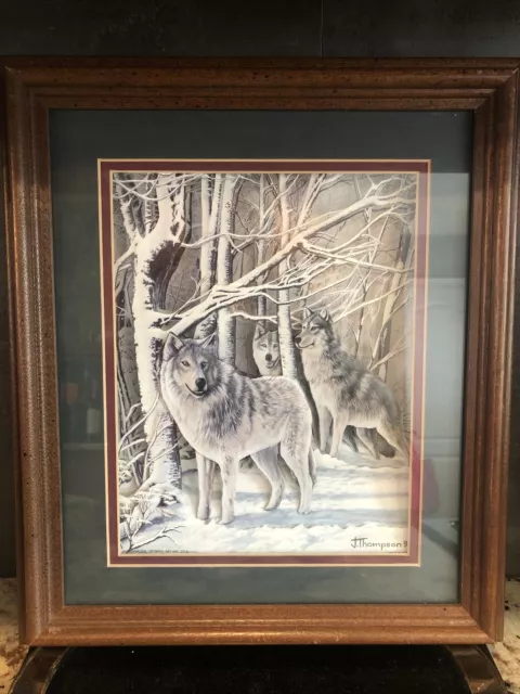 3D wolves winter scene  1992 J. Thompson Signed framed art 14 X 12