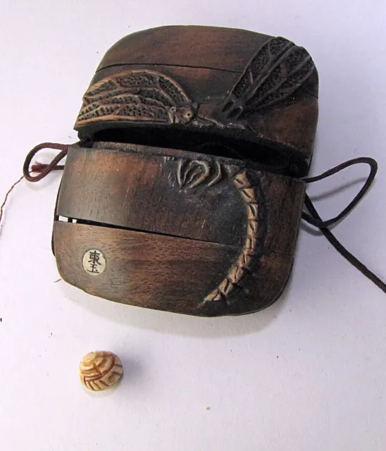 Japanese Inro Wood Box Carved Tombo Dragonfly Netsuke Sash Toggle Ball Signed