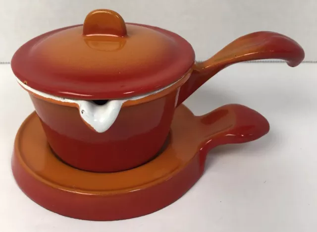 Vintage Descoware Butter Warmer Flaming Orange with lid and trivet Belgium