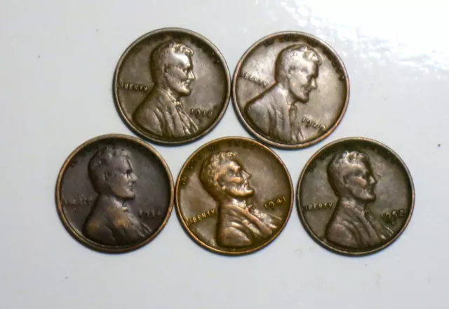 1918 D, 1929 P, 1934 P, 1941P,1952 D Lincoln Wheat ear Lot      E0111