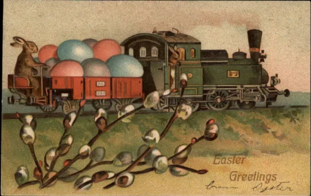 Bunny Rabbit in Train with Colored Eggs~Flowers~ Easter Fantasy~Postcard-g910