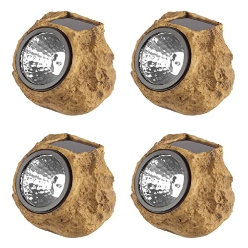 Solar Outdoor Lights - 4-Pack of All-Weather Faux-Stone LED Rock Lights for