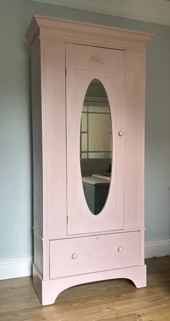 Vintage Hand Painted Children’s Wardrobe With Mirror, Shelves And Drawer