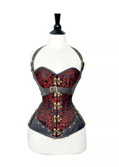 CORSET FERMOIR STEAMPUNK brocart rouge meilleure qualité corset cuir  véritable - XS à 7XL EUR 109,93 - PicClick FR
