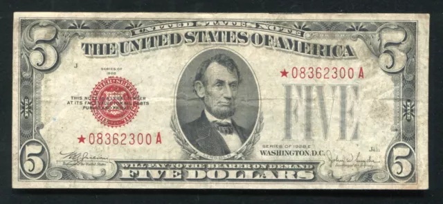 Fr. 1530* 1928-E $5 Five Dollars *Star* Legal Tender United States Note Vf