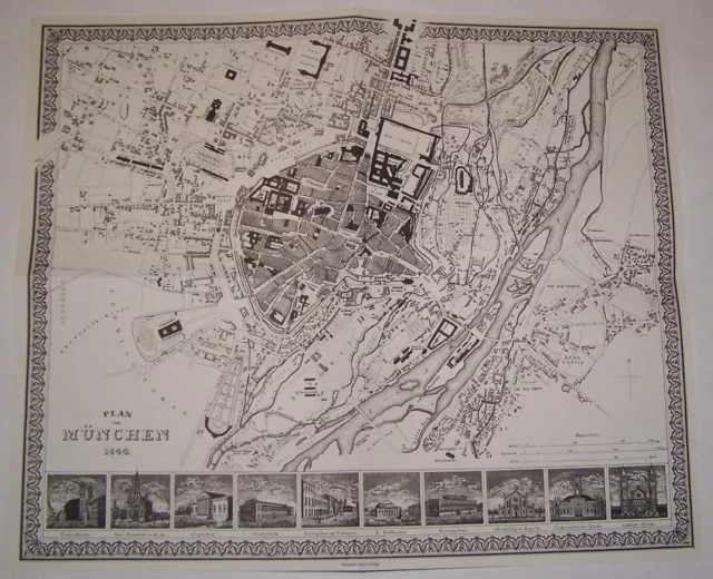 Plan von München 1844 Karte Stadtplan Stadtkarte Umgebungskarte Graphik