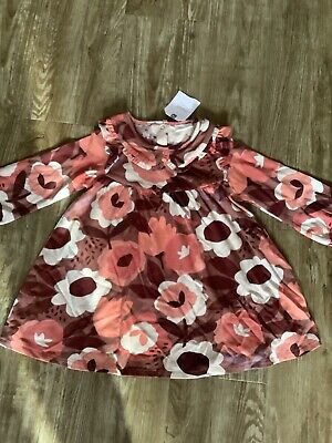 NEW NEXT Girls brown/orange floral long sleeved 100% cotton dress age 9-12 Mths