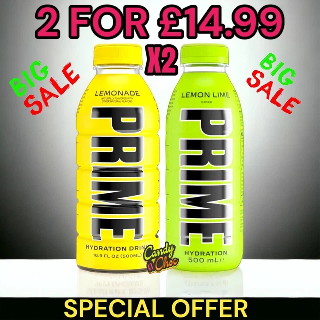 PRIME HYDRATION DRINK Lemonade 500ml New Flavour & Lemon Lime Double