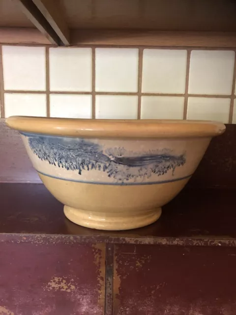 Rare Antique Early Mochaware Yellow Ware Seaweed Blue Banded Bowl