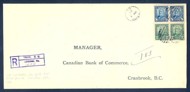 CANADA 1930 SCROLL 20c REG COMBO YAHK BC COVER
