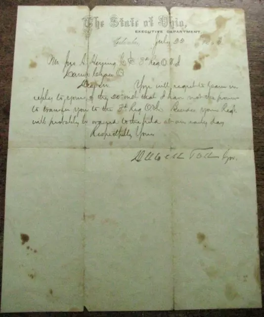 Ohio Civil War Governor David Tod Letter To 3Rd Ohio Soldier