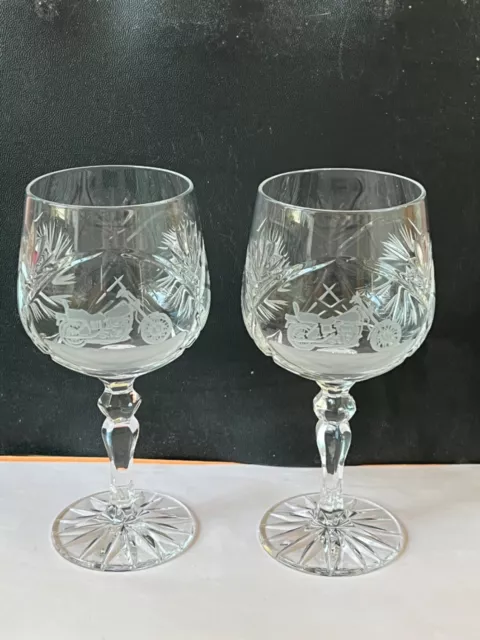 Pair of Vintage Cut Etched Glass Crystal  Wine Goblets w/ Cut MOTORCYCLE Design