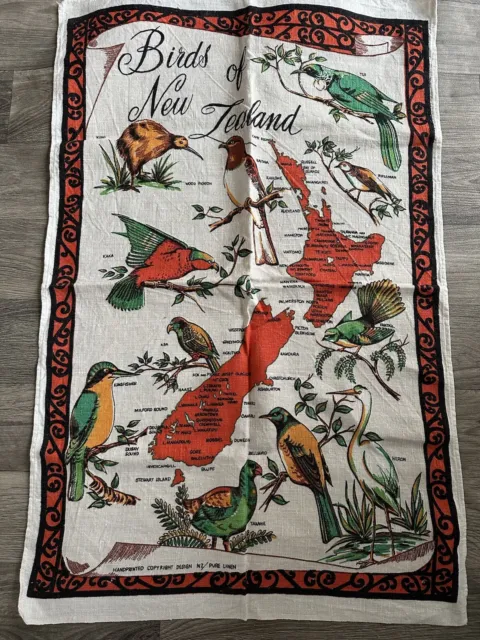 Toalla de té vintage pájaros de Nueva Zelanda diseño impreso a mano de lino puro