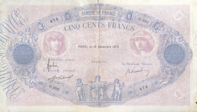 Billet 500 F Bleu et Rose du 16 Décembre 1913 FAY 30.21 Alph. O.382