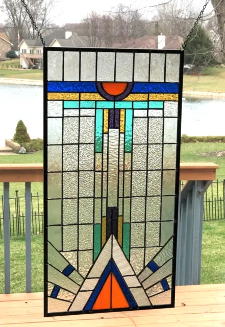 Stained glass window panel hanging Art Deco large