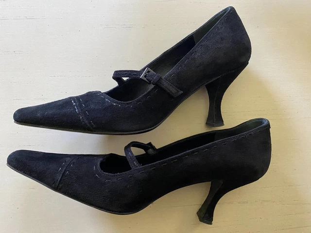 Via Spiga black suede Sz 8M Eur  39 strappy pump 3.5" heel square toe pretty