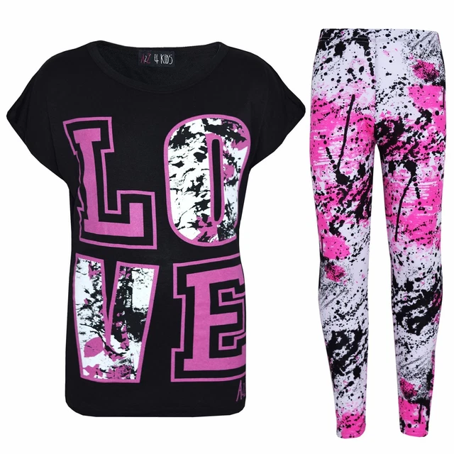 Kids Love Print Splash Short Sleeve Black T-Shirt Top Legging Set Girls Age 5-13