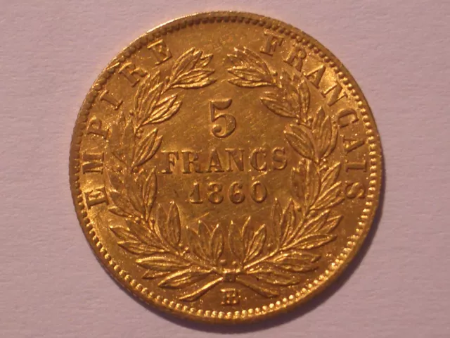 Frankreich: 5 Francs Gold. Jahrgang 1860 Napoleon III., "BB" Münze Strasbourg!