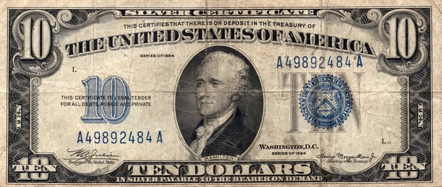 1934 - $10 Ten Dollars Silver Certificate Blue Seal Note