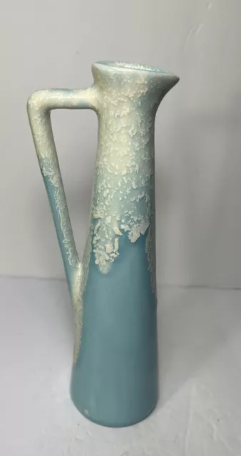 VTG Pitcher Baby Blue Bud Vase White Drip Glaze Mid Century Modern Art Pottery