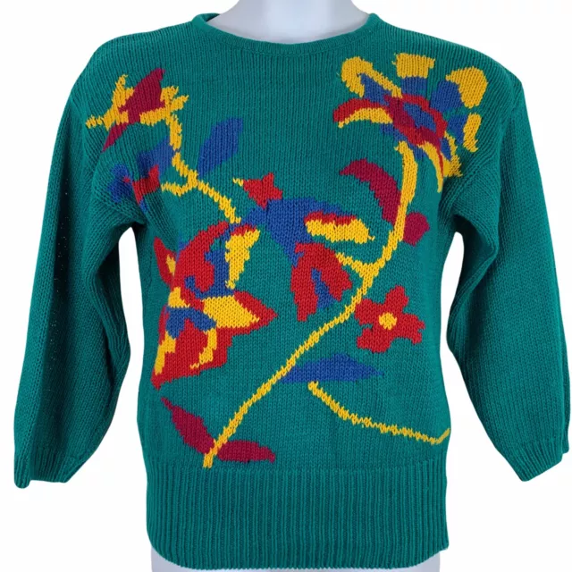 Vintage Sweater Medium Knit Top Colorful Floral Teal Marigold Red SB Sport FLAW
