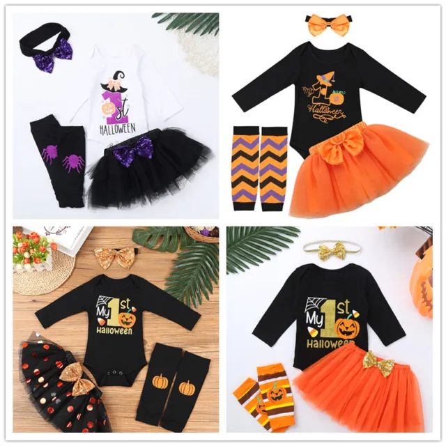 Baby Girl Halloween Romper Tutu Skirt Outfit Set Infant Pumpkin Jumpsuit Costume