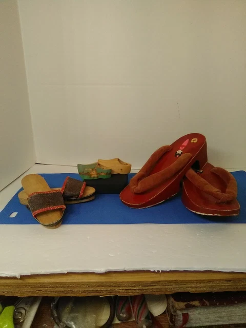 Lot of 3 Pairs Vintage Hand Carved Wooden small Shoes different sizes styles