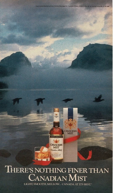 1988 CANADIAN MIST Whiskey ducks flying over misty lake river Vintage Print Ad