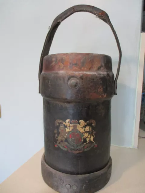 ANTIQUE LEATHER RARE Fire Brigade Bucket Pail 1800's English Royal Coat ...