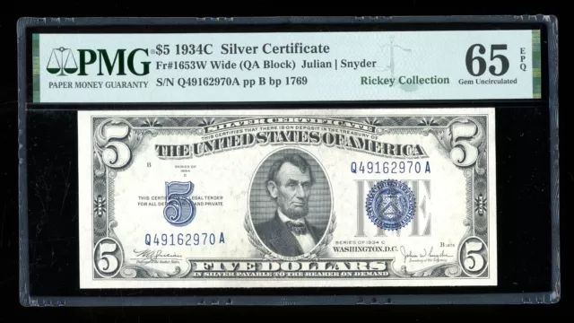 DBR $5 1934-C Silver Gem Fr. 1653W QA Block Wide PMG 65 EPQ Serial Q49162970A